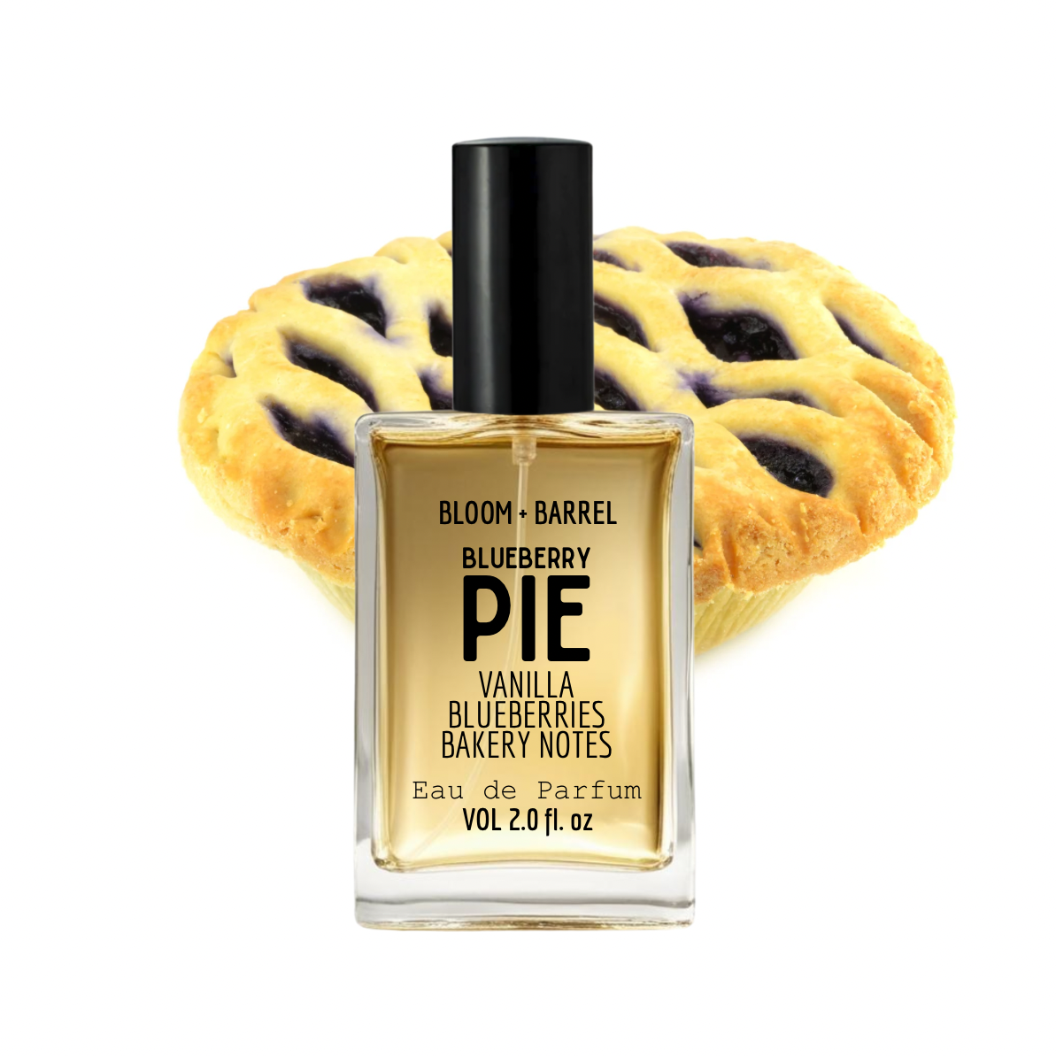 Perfume bottle labeled 'Blueberry Pie' with a pie in the background
