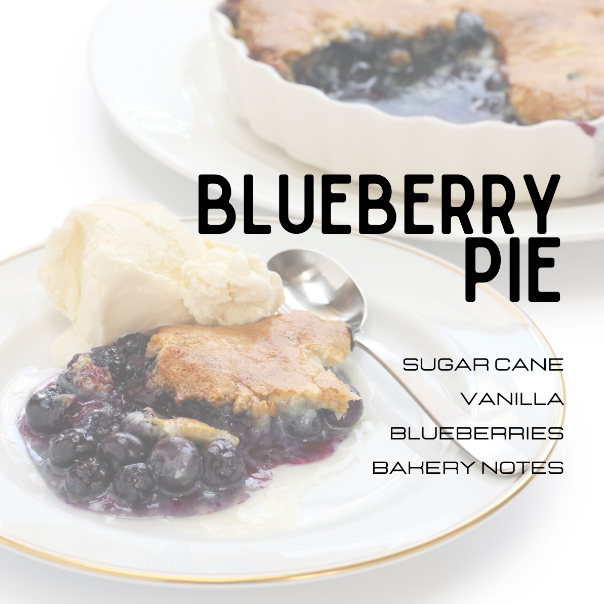 Blueberry pie with vanilla ice cream on a plate, text overlay indicating ingredients and bakery notes.