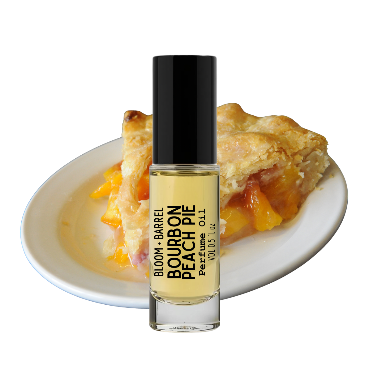 Perfume bottle labeled 'Bourbon Barrel Peach Pie' with a slice of peach pie on a white plate.
