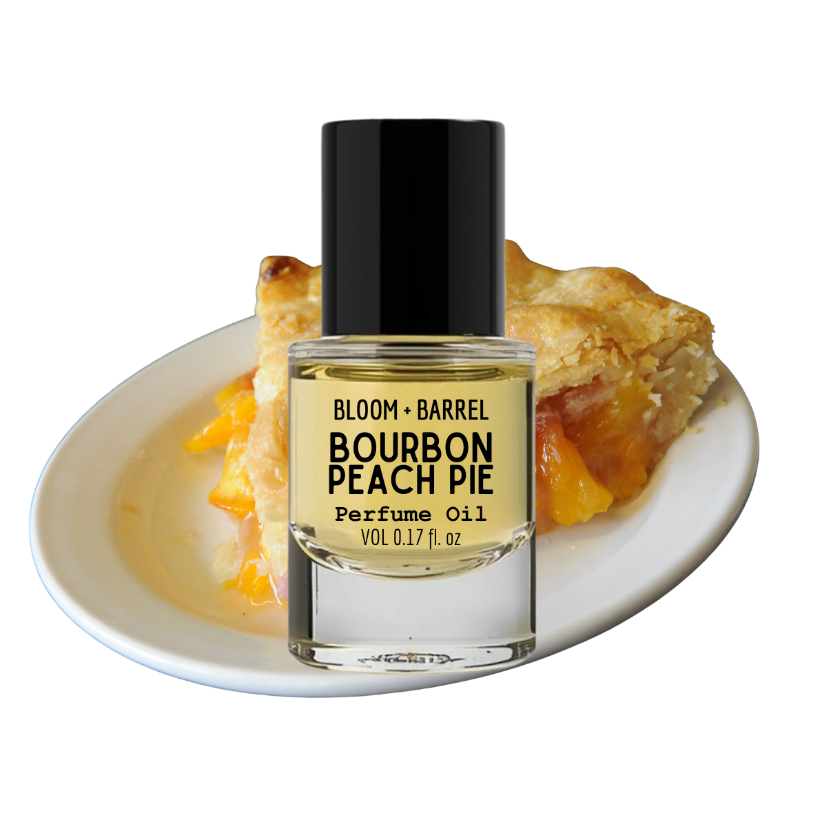 Perfume oil bottle labeled 'Bourbon Peach Pie' with a slice of peach pie on a white plate.