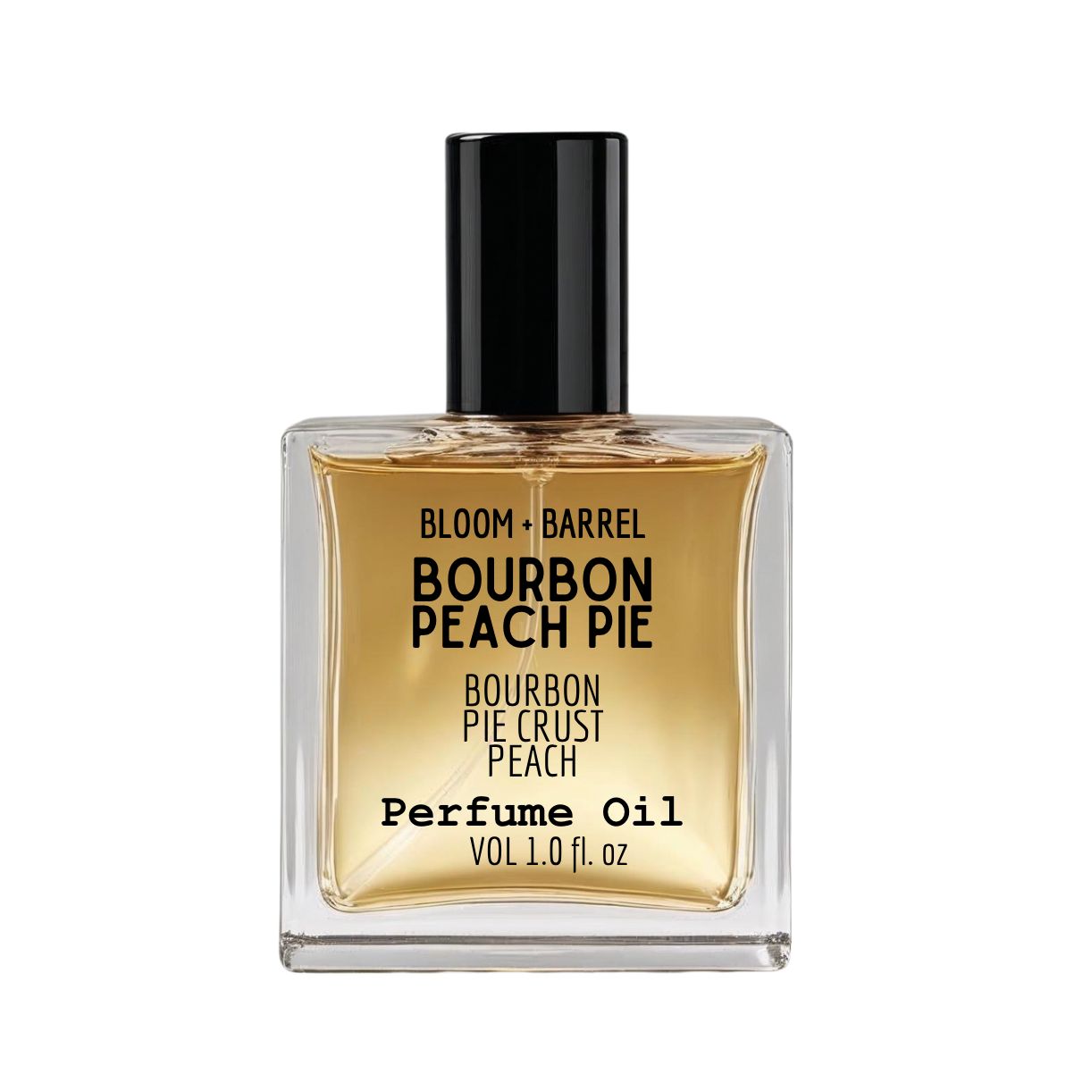 Perfume oil bottle labeled 'Bourbon Peach Pie' by Bloom & Barrel on a white background