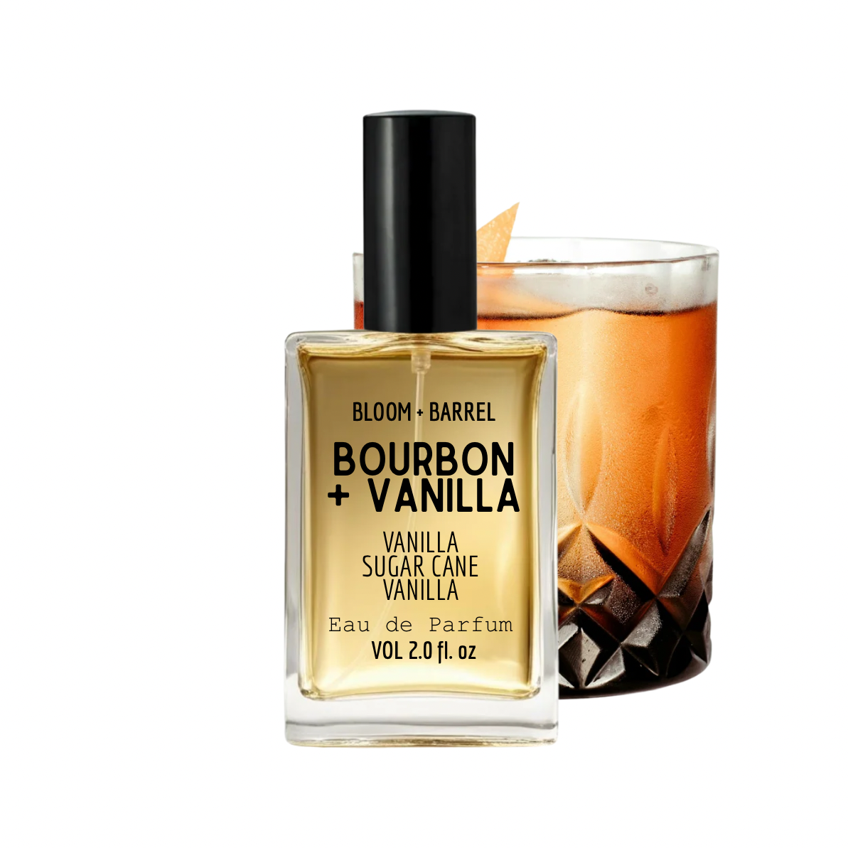 Bottle of Bloom + Barrel Bourbon Vanilla perfume with a glass of whiskey on a white background