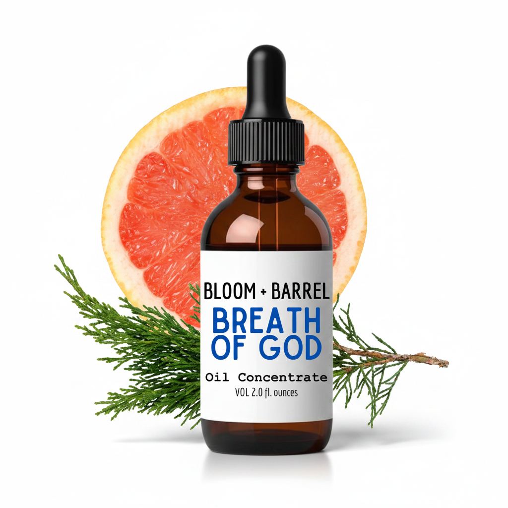 Bottle of Bloom + Barrel Breath of God oil concentrate with a grapefruit and pine branch on a white background