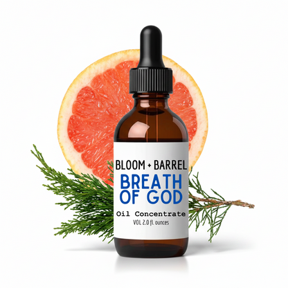 Bottle of Bloom + Barrel Breath of God oil concentrate with a grapefruit and pine branch on a white background