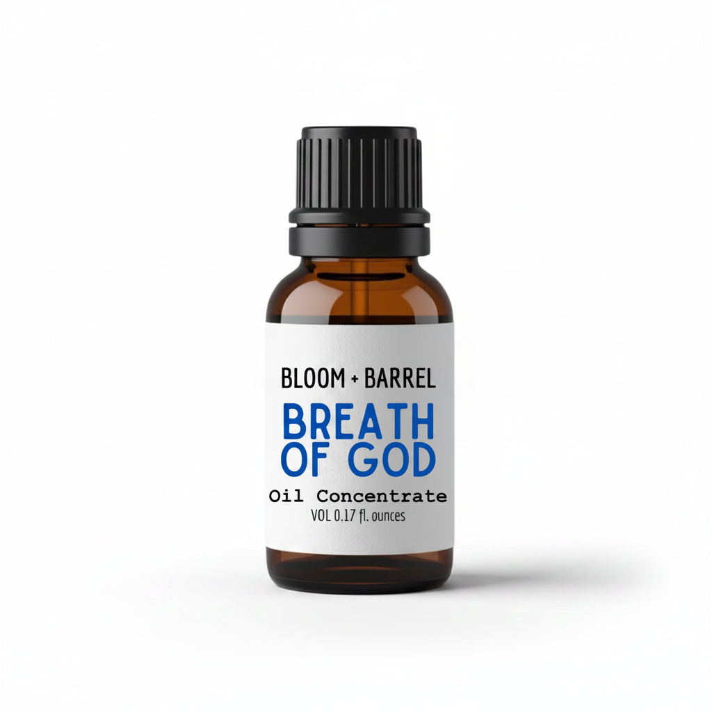 Bottle of Bloom & Barrel Breath of God Oil Concentrate on a white background