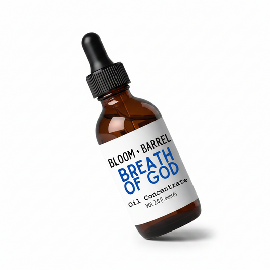 Bottle of Bloom + Barrel Breath of God Oil Concentrate on a white background
