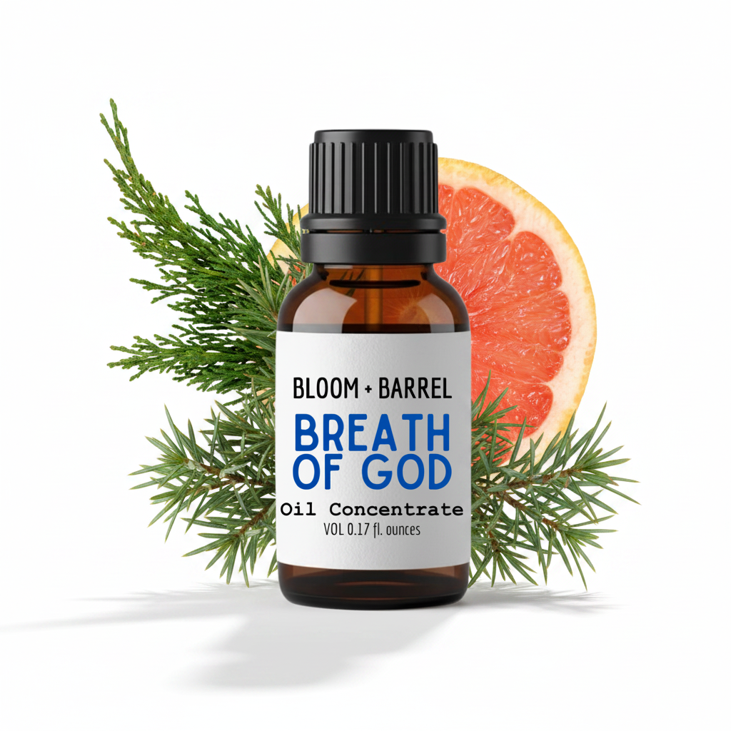 Bottle of 'Breath of God' oil concentrate with a grapefruit and rosemary branch on a white background