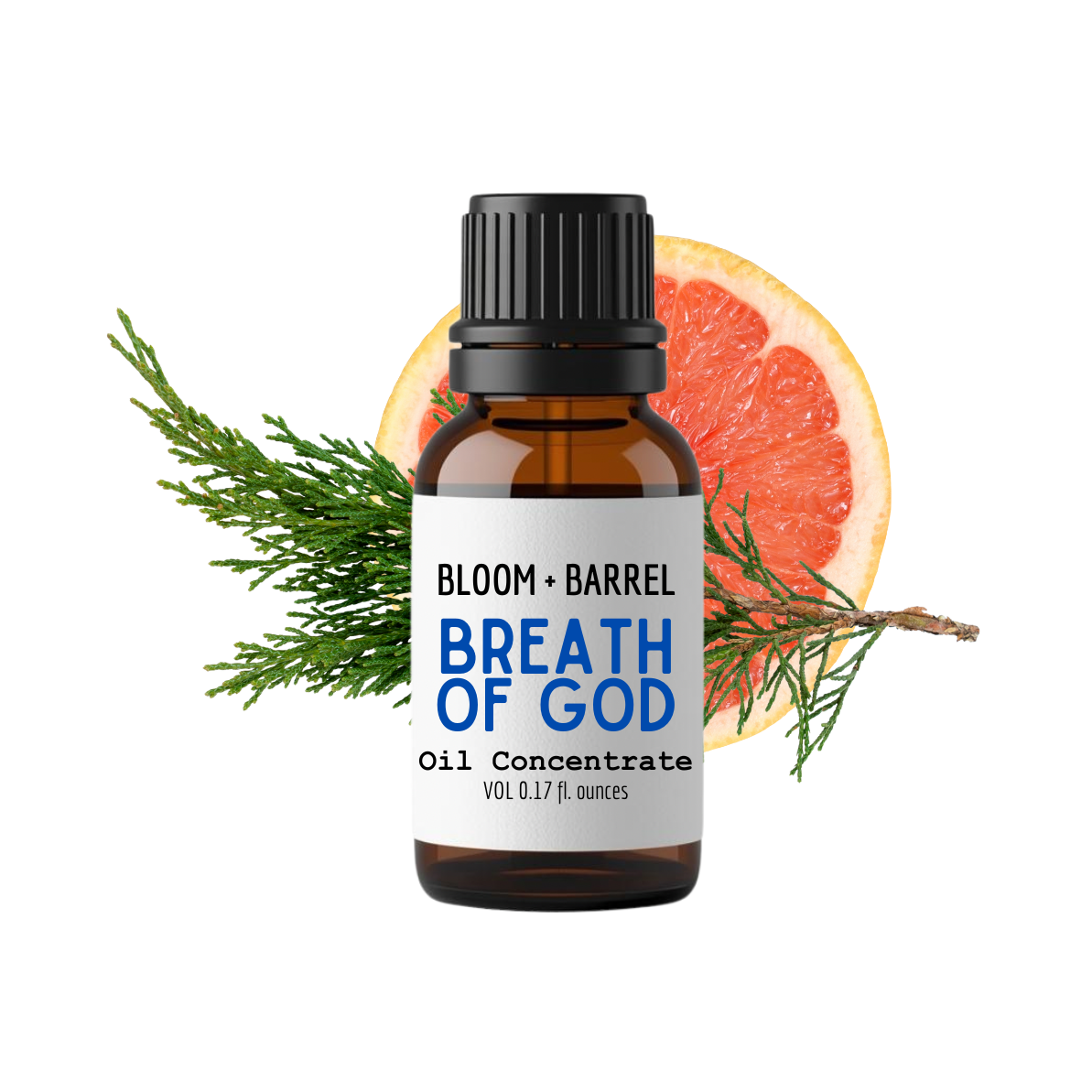 Bottle of 'Breath of God' oil concentrate with a grapefruit and rosemary branch on a white background