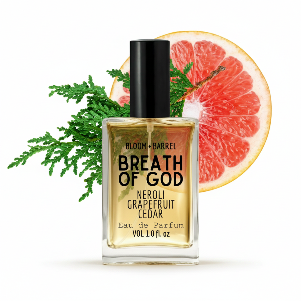 Perfume bottle labeled 'Breath of God' with a grapefruit slice and green leaves on a white background
