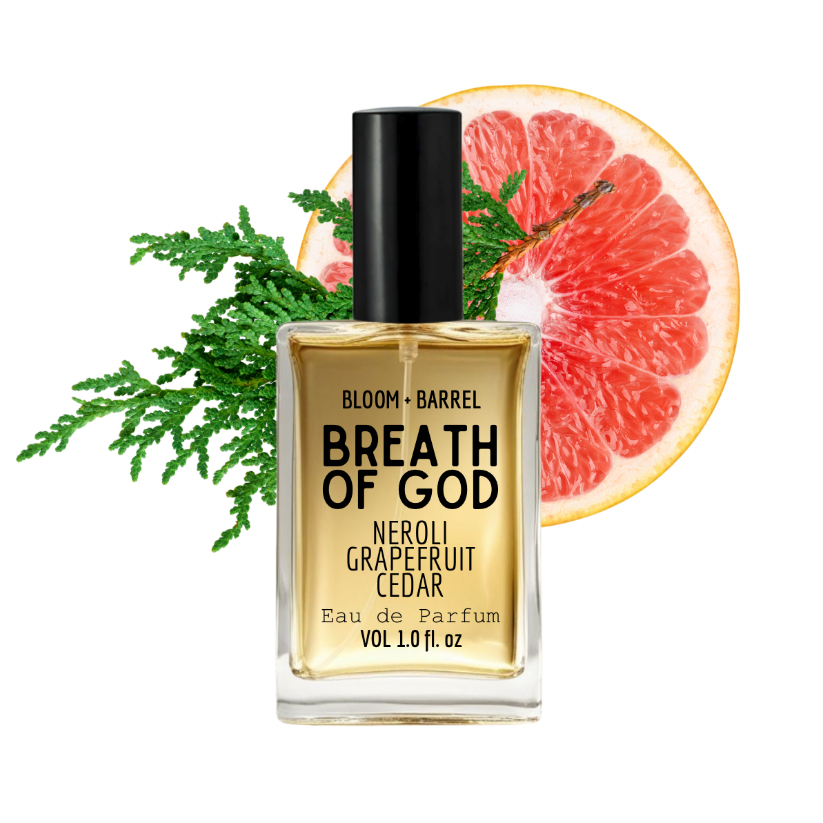 Perfume bottle labeled 'Breath of God' with a grapefruit slice and green leaves on a white background