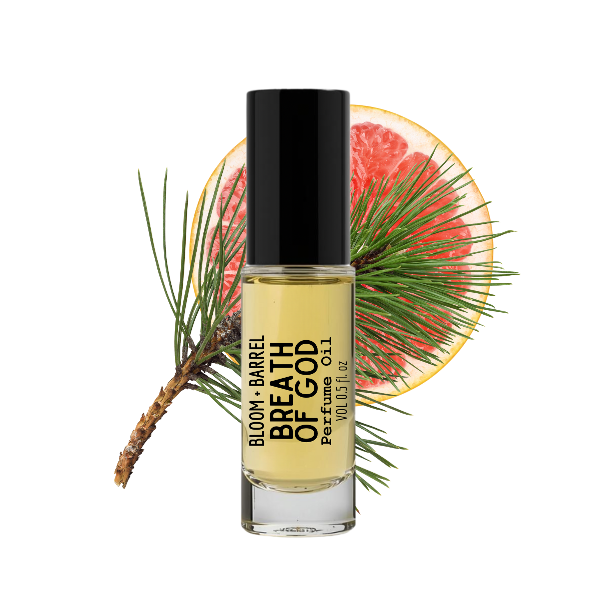 Perfume bottle labeled 'Bloom Barrel Breath of God' with a pine branch and grapefruit slice on a white background