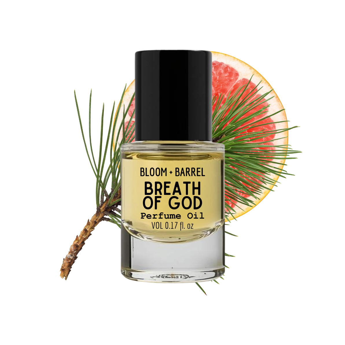 Perfume oil bottle labeled 'Breath of God' with a black cap and clear body, surrounded by green leaves and red flowers on a white background.
