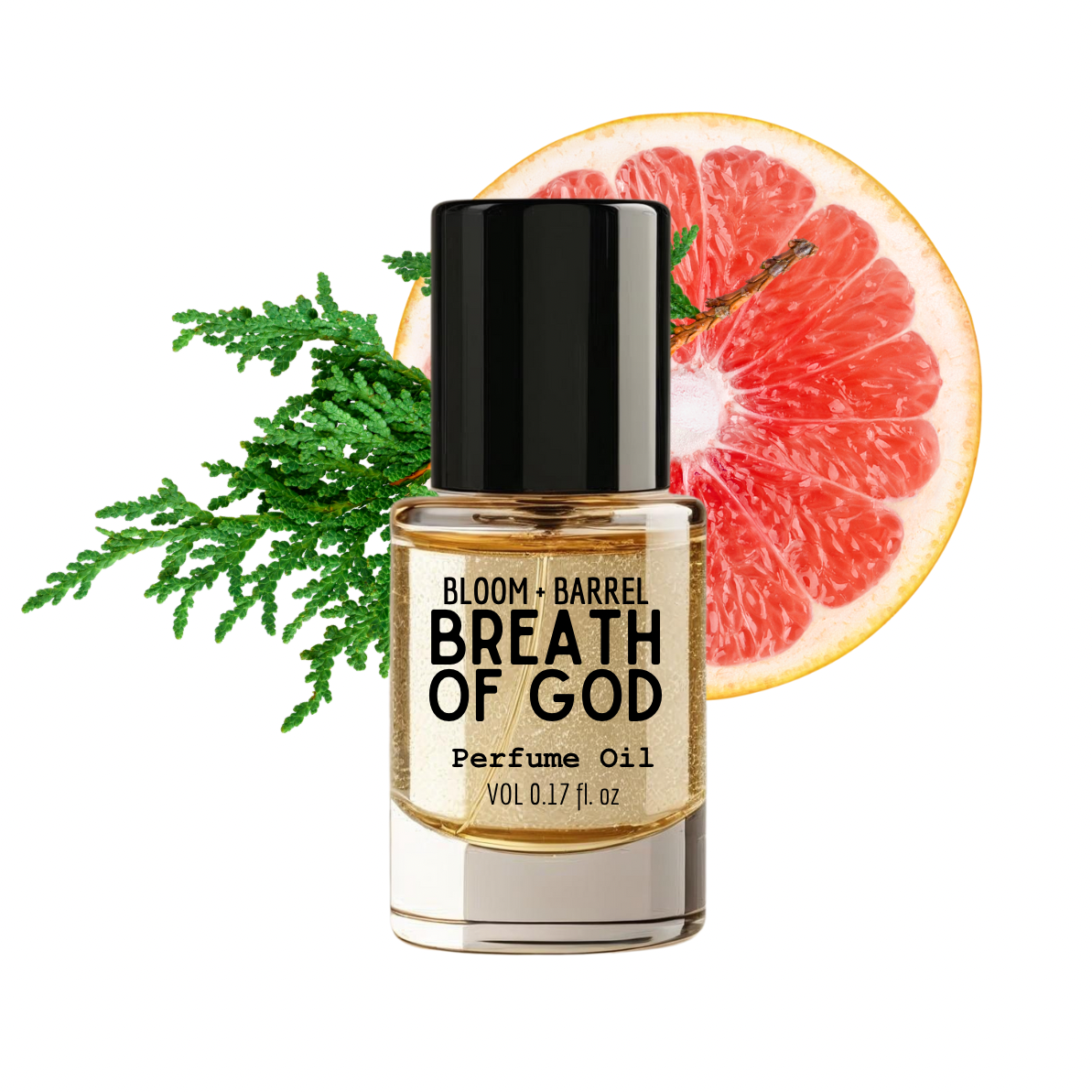 Perfume oil bottle labeled 'Breath of God' with a grapefruit slice and green leaves on a white background