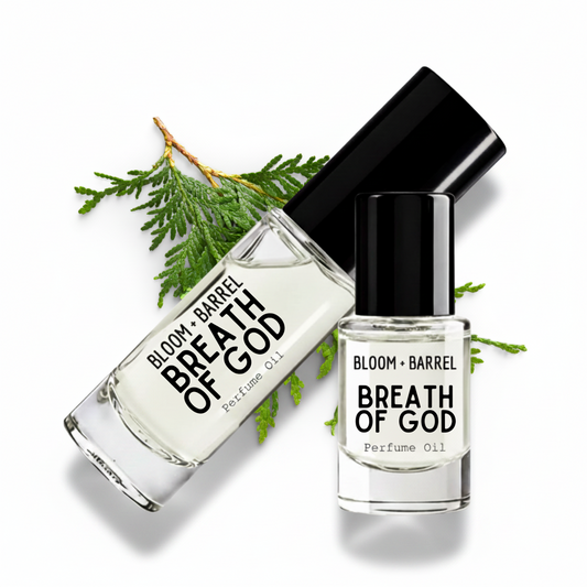 Two glass bottles of BLOOM + BARREL Breath of God perfume oil with black caps, arranged on a white background with green pine branches behind them.