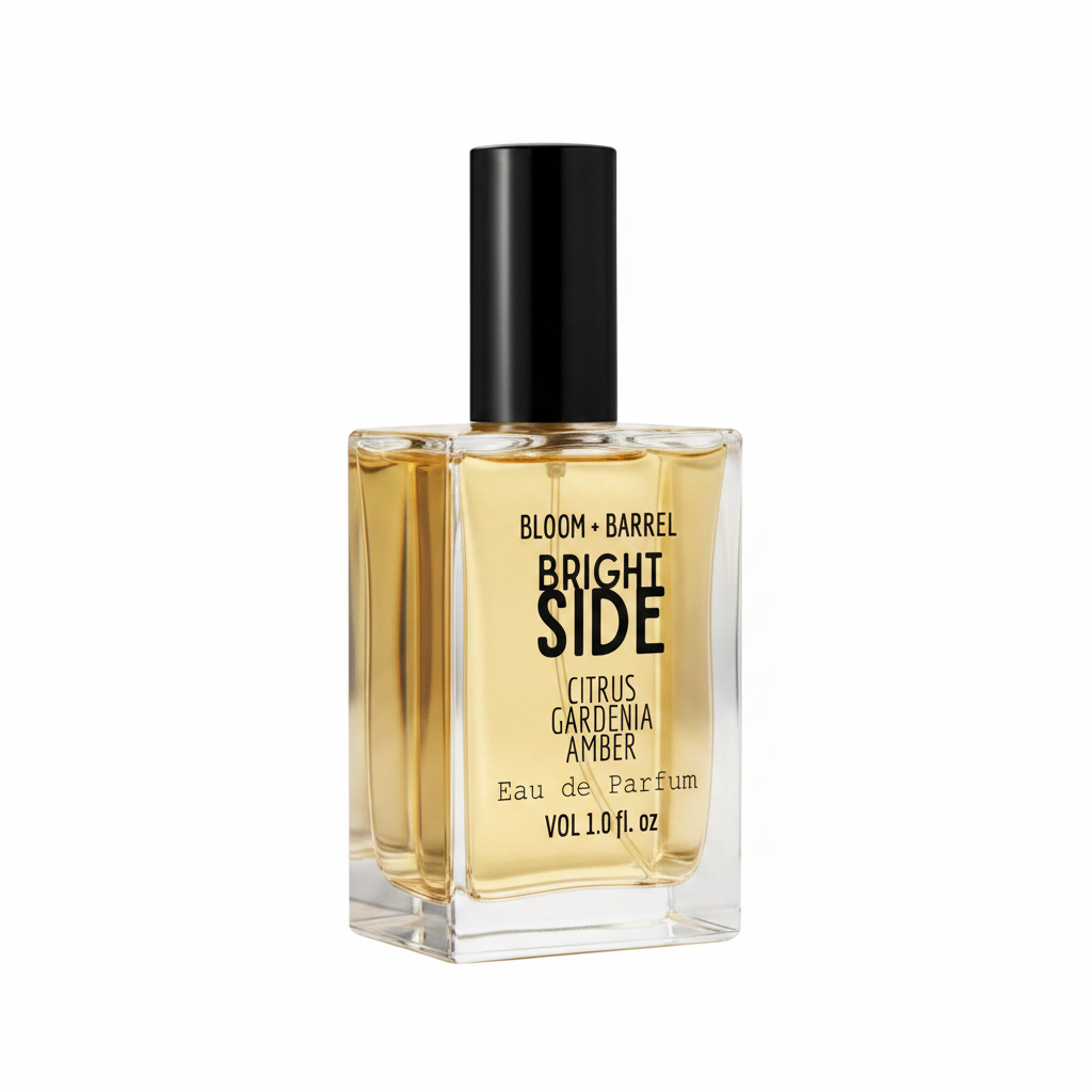 Perfume bottle labeled 'Bright Side' by Bloom & Barrel on a white background