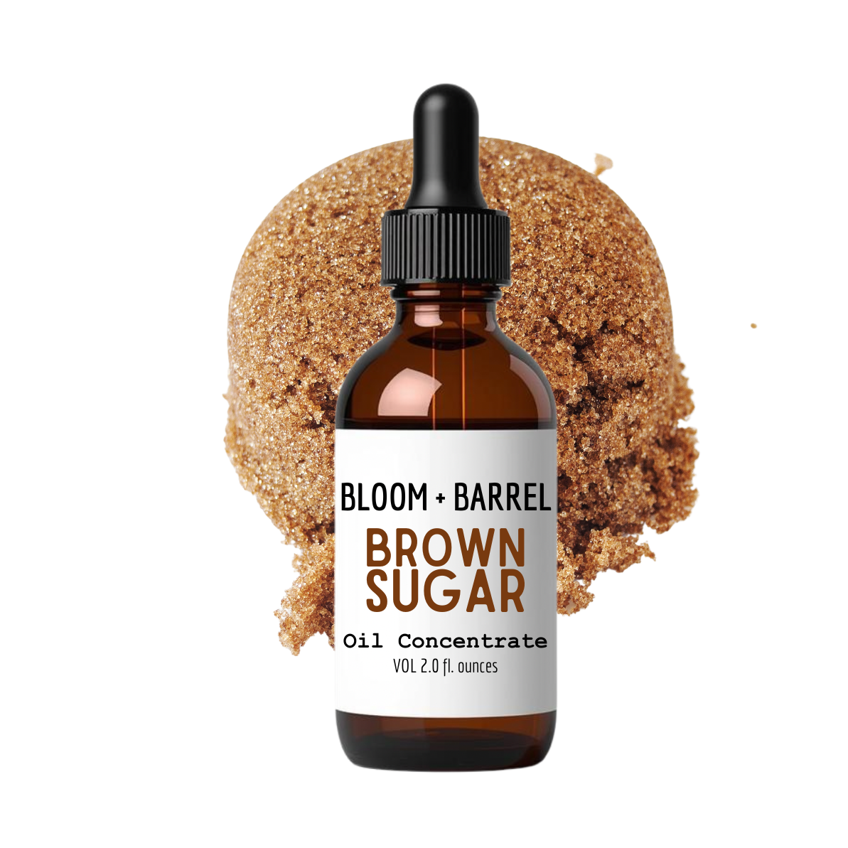 Bottle of Bloom + Barrel Brown Sugar Oil Concentrate with a textured brown sugar block on a white background