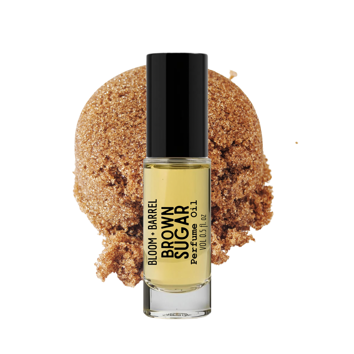 Bottle of Bloom & Barrel Brown Sugar perfume with a scoop of brown sugar on a white background