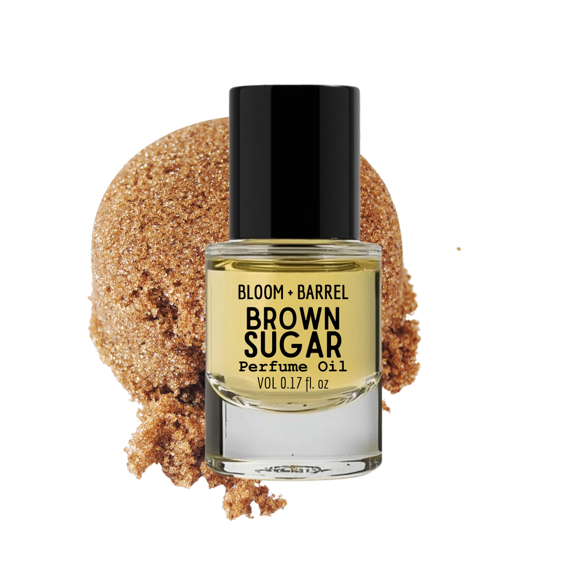 Bottle of Bloom & Barrel Brown Sugar perfume oil with brown sugar crystals on a white background