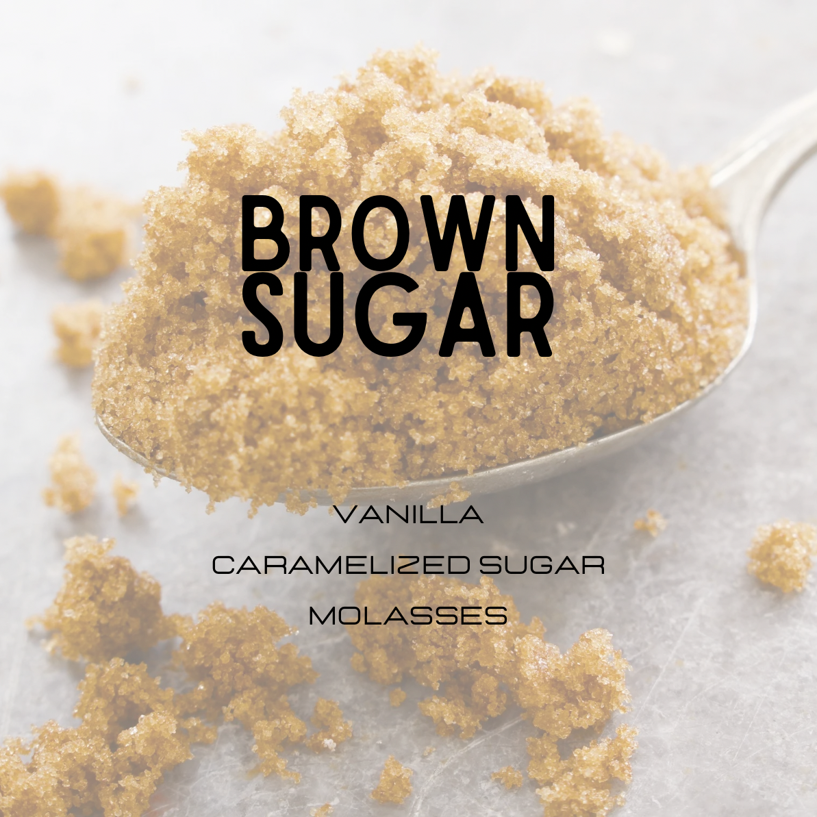 Spoonful of brown sugar with text overlay on a light background