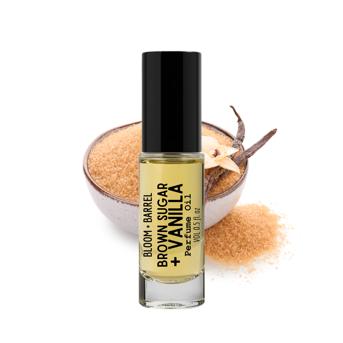 Perfume bottle labeled 'Brown Sugar Vanilla' with a bowl of brown sugar and vanilla beans on a white background.