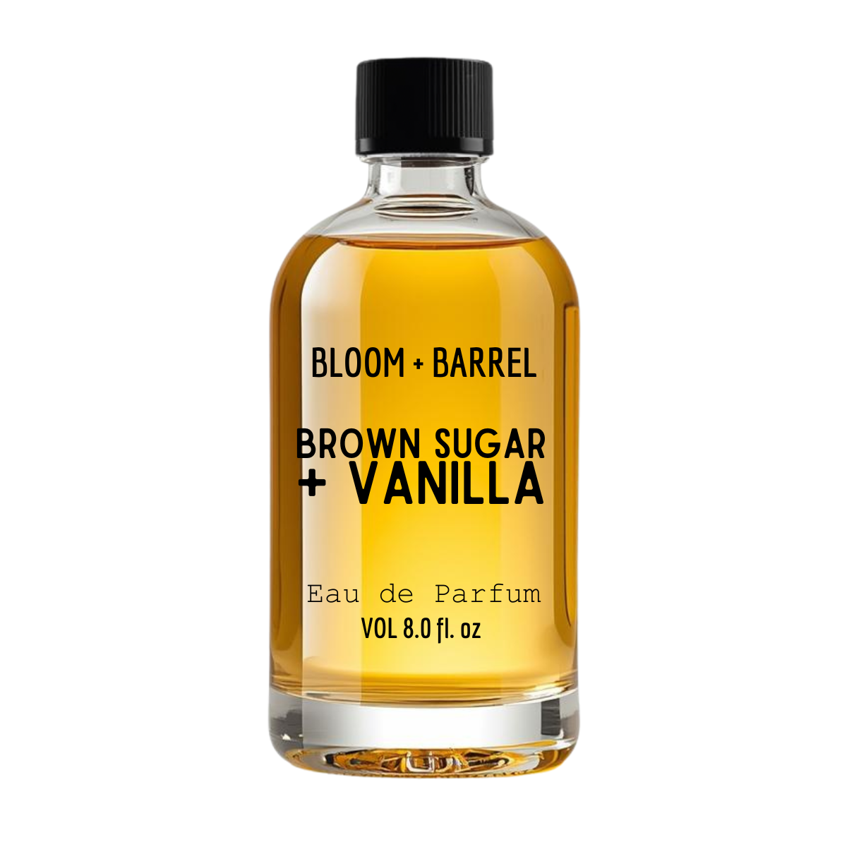 Bottle of Bloom + Barrel Brown Sugar + Vanilla eau de parfum on a white background