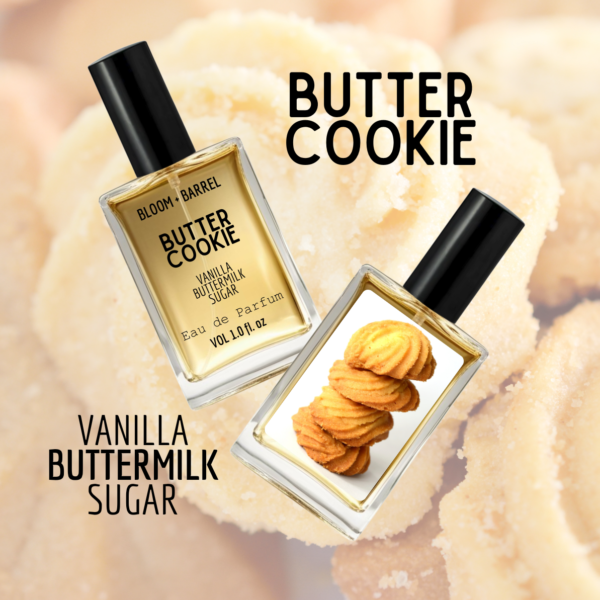 Two perfume bottles labeled 'Butter Cookie' with a cookie image on a soft, blurred background.
