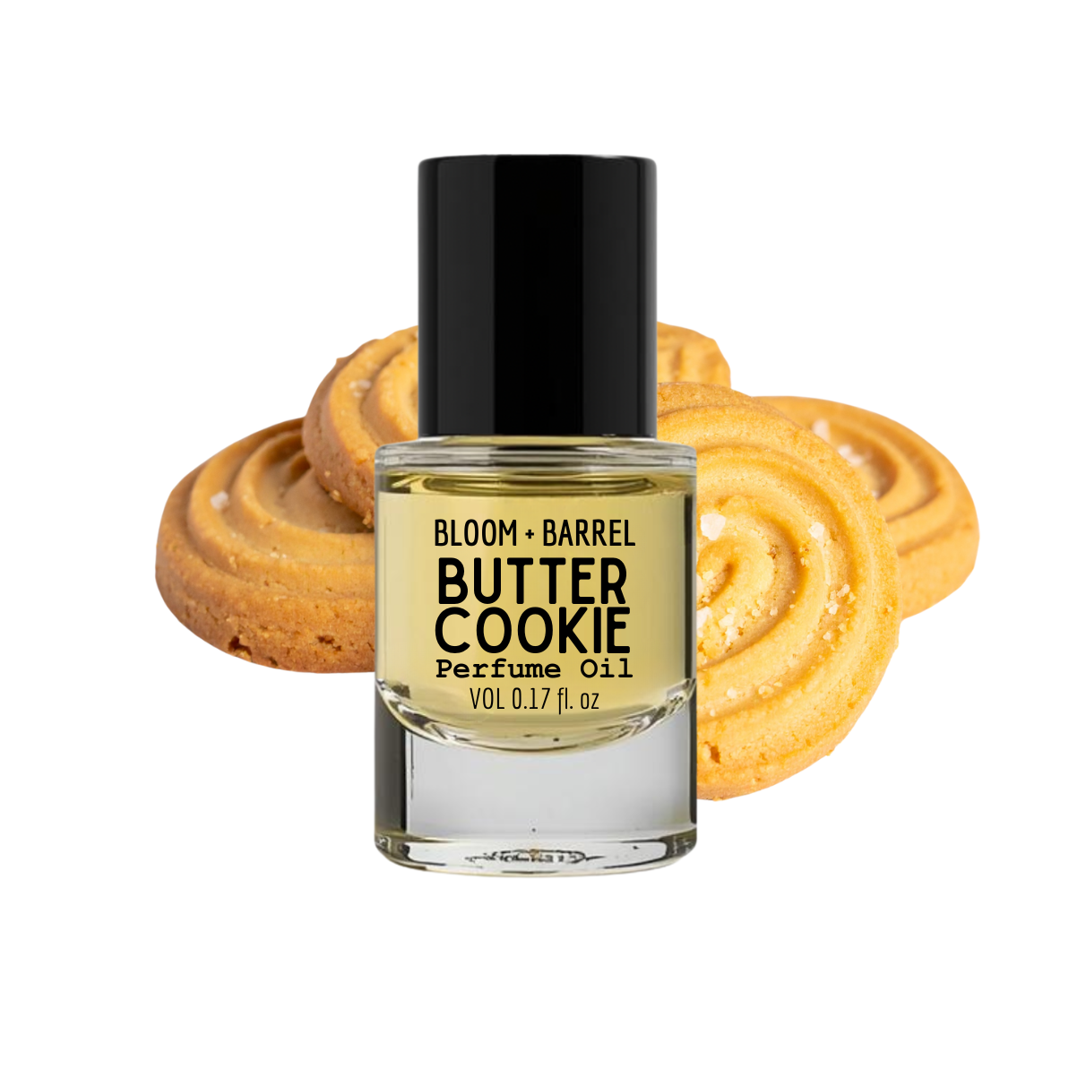 Bottle of Bloom & Barrel Butter Cookie perfume oil with cookies in the background