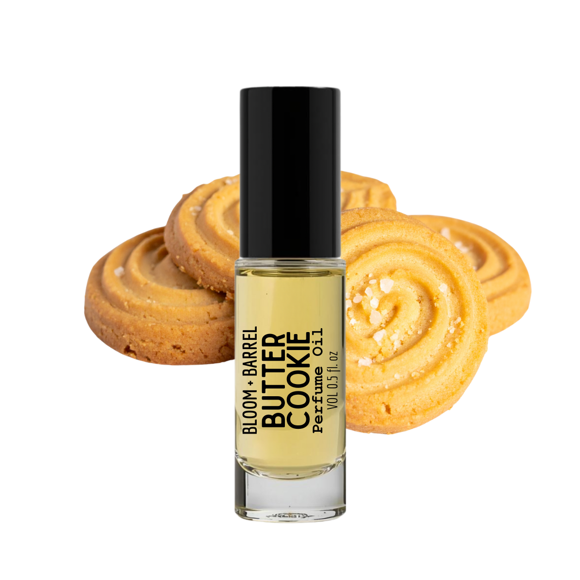 Perfume bottle labeled 'Butter Cookie' with cookies in the background