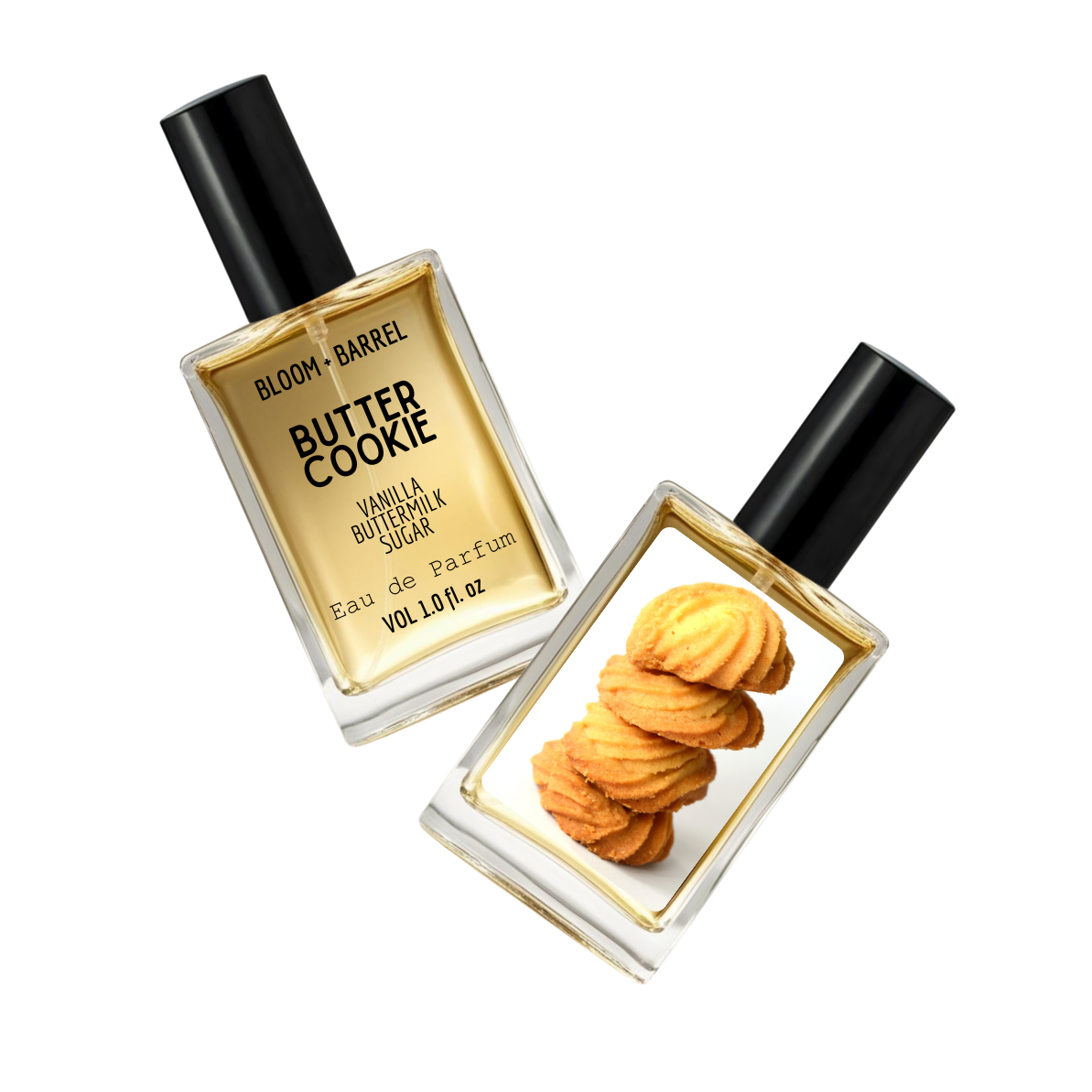 Two perfume bottles labeled 'Butter Cookie' by Bloom & Barrel on a white background.