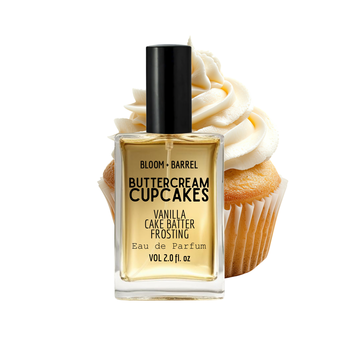 Bottle of Bloom & Barrel Buttercream Cupcakes vanilla cake batter frosting eau de parfum with a cupcake on top.