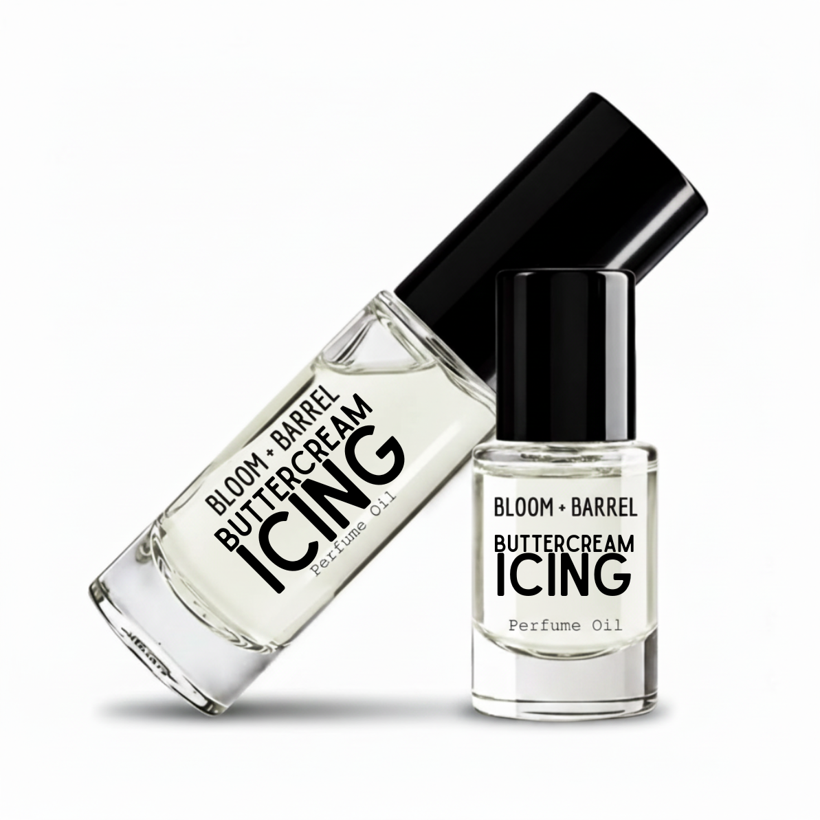 Two clear glass perfume oil bottles with black caps from BLOOM + BARREL, featuring the scent Princess Banana, on a clean white background.
