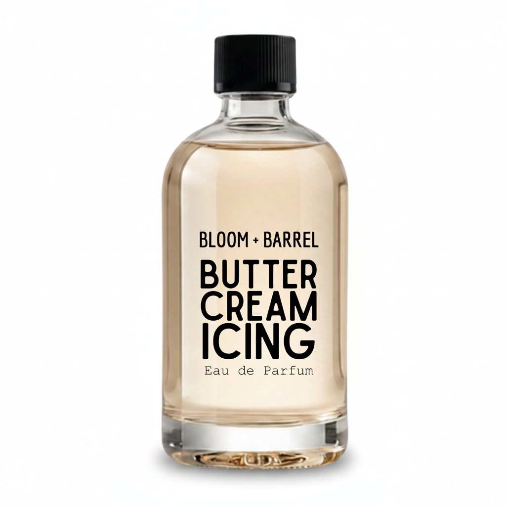 A clear glass perfume bottle filled with pale warm beige liquid, featuring a black ribbed cap and bold black text reading 'BLOOM + BARREL BUTTER CREAM ICING Eau de Parfum' on the front, shown on a plain white background.