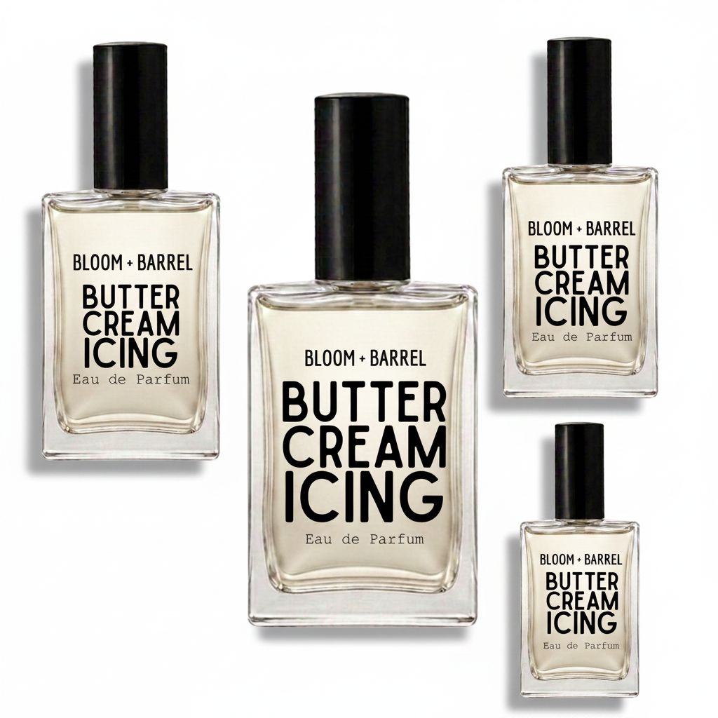 Four bottles of BLOOM + BARREL Butter Cream Icing Eau de Parfum in different sizes, arranged on a plain white background.