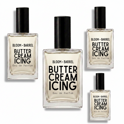 Four bottles of BLOOM + BARREL Butter Cream Icing Eau de Parfum in different sizes, arranged on a plain white background.