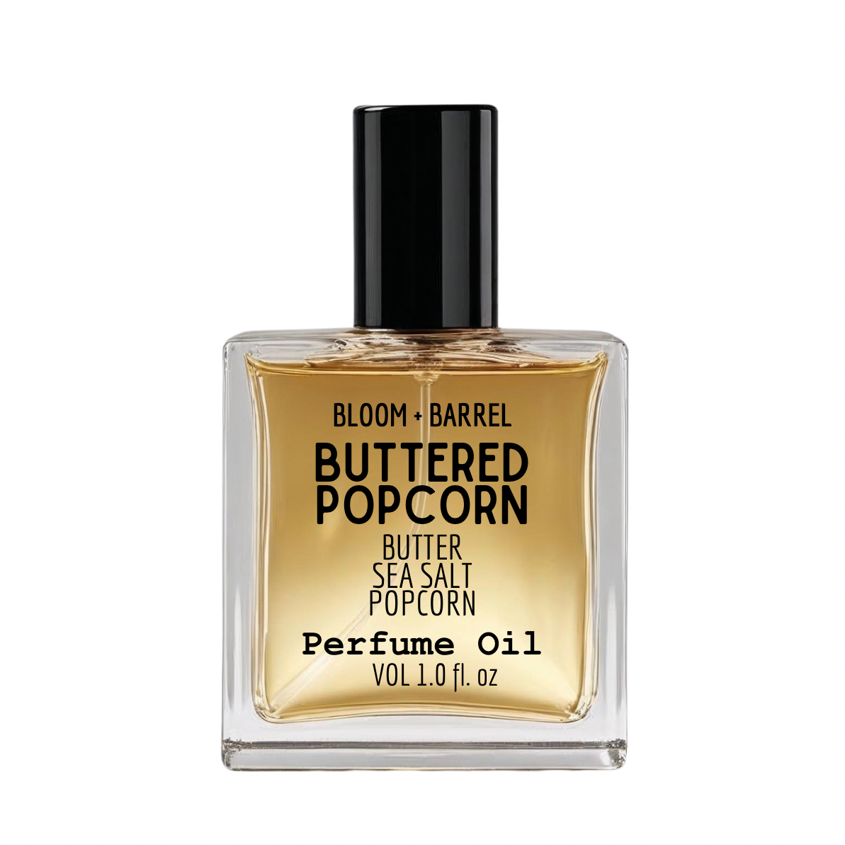 Perfume oil bottle labeled 'Buttered Popcorn' by Bloom & Barrel on a white background