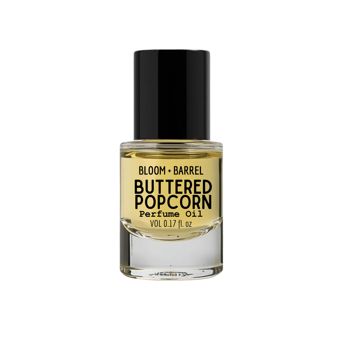 Buttered Popcorn perfume oil bottle with black cap on a white background