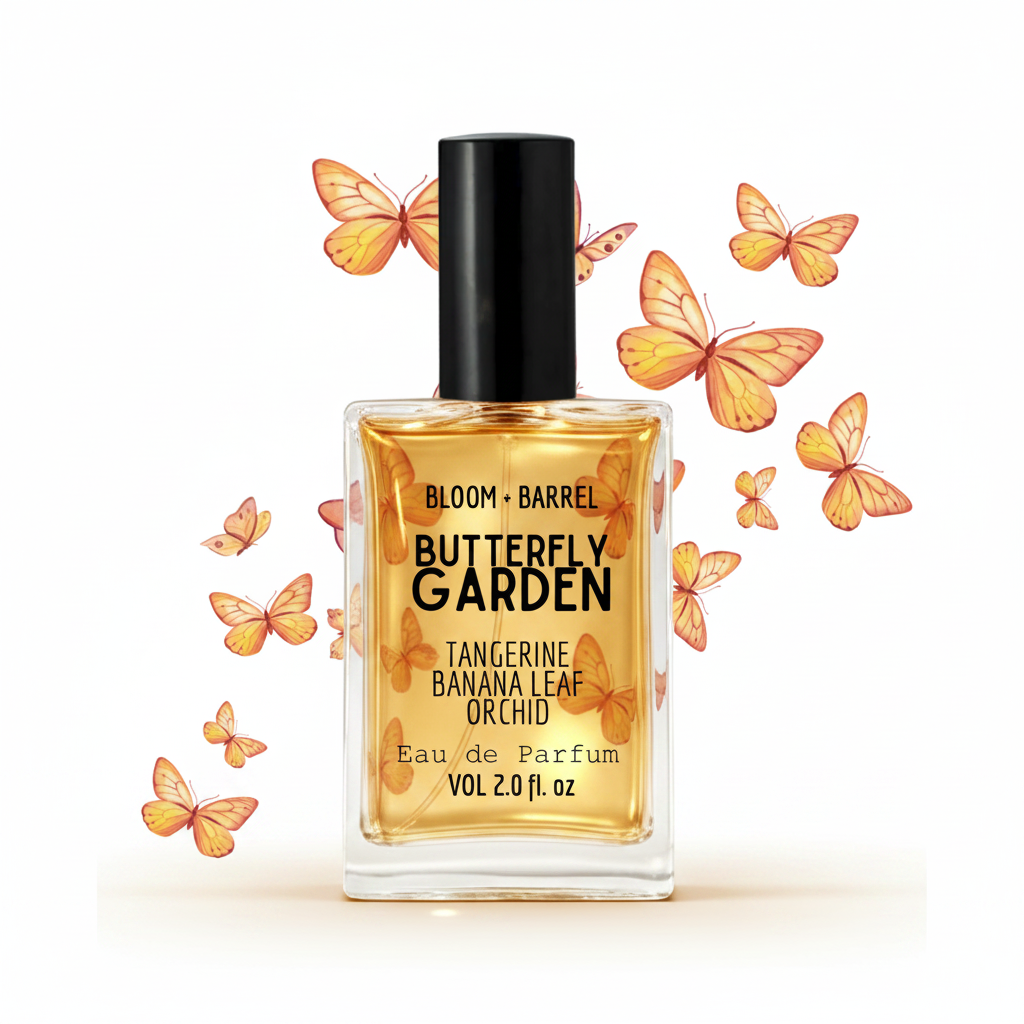Perfume bottle labeled 'Butterfly Garden' with butterfly graphics on a white background