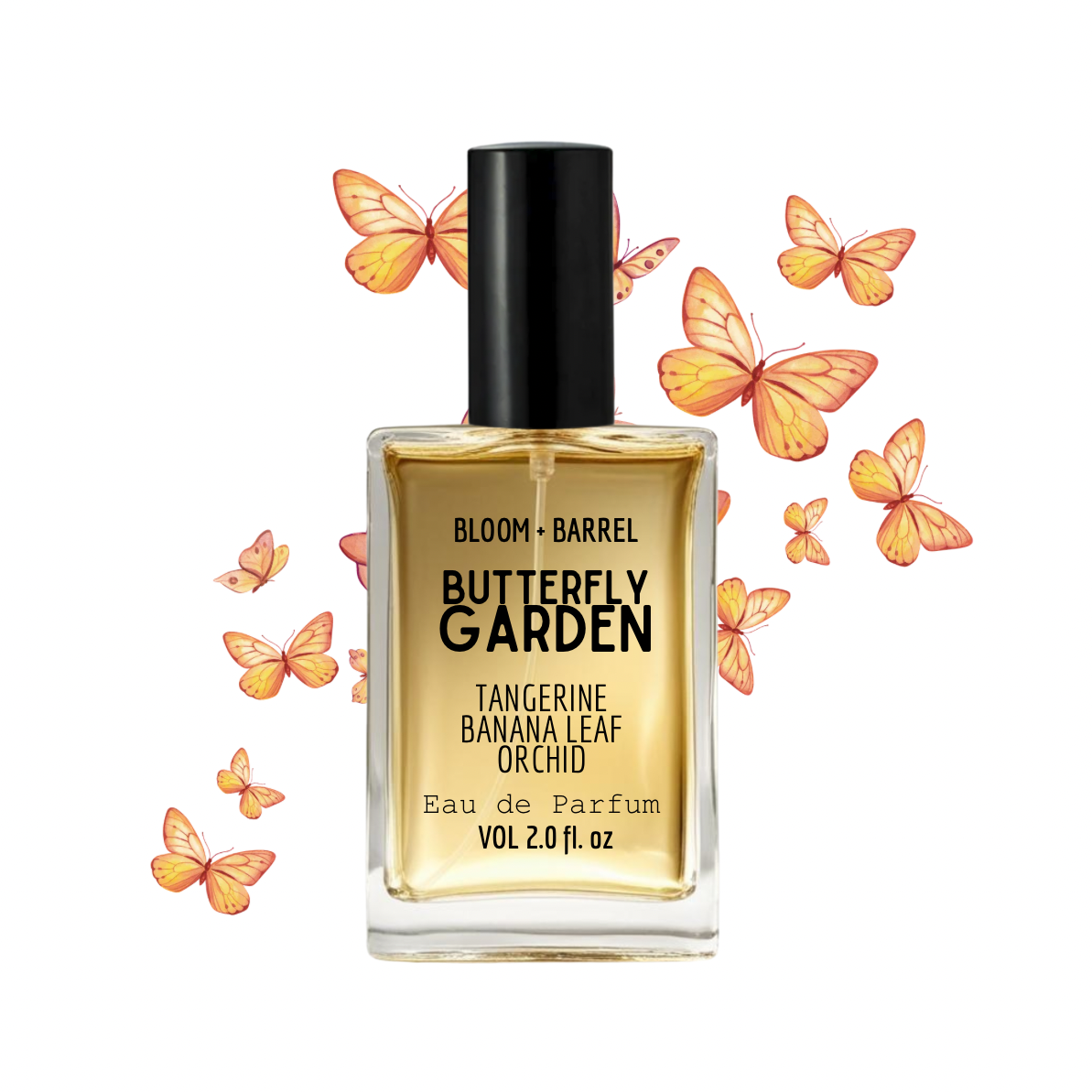 Perfume bottle labeled 'Butterfly Garden' with butterfly graphics on a white background