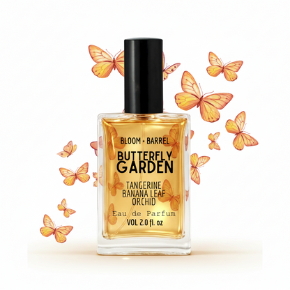 Perfume bottle labeled 'Butterfly Garden' with butterfly graphics on a white background