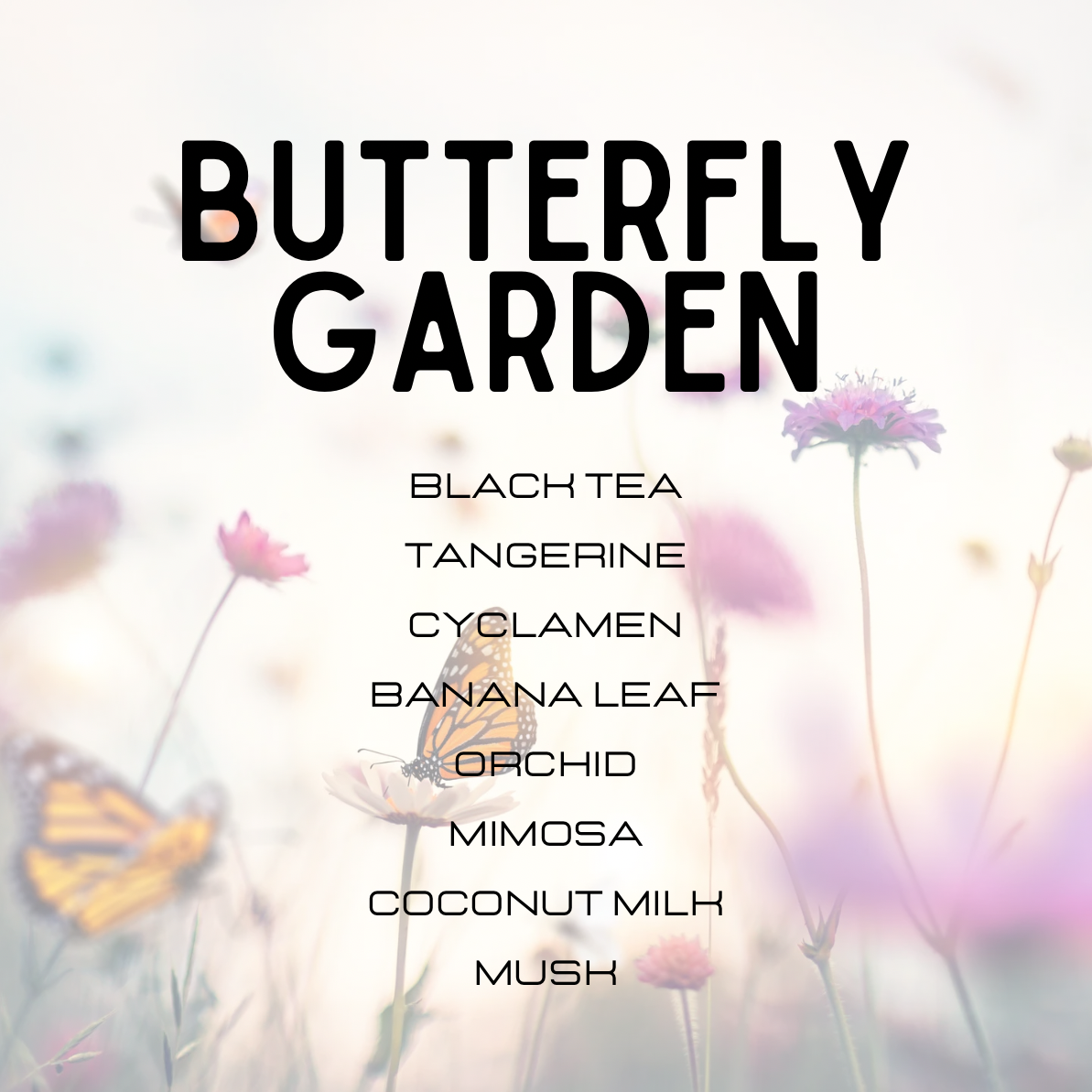 Butterfly garden with flowers and butterflies on a light background, featuring text of product names.