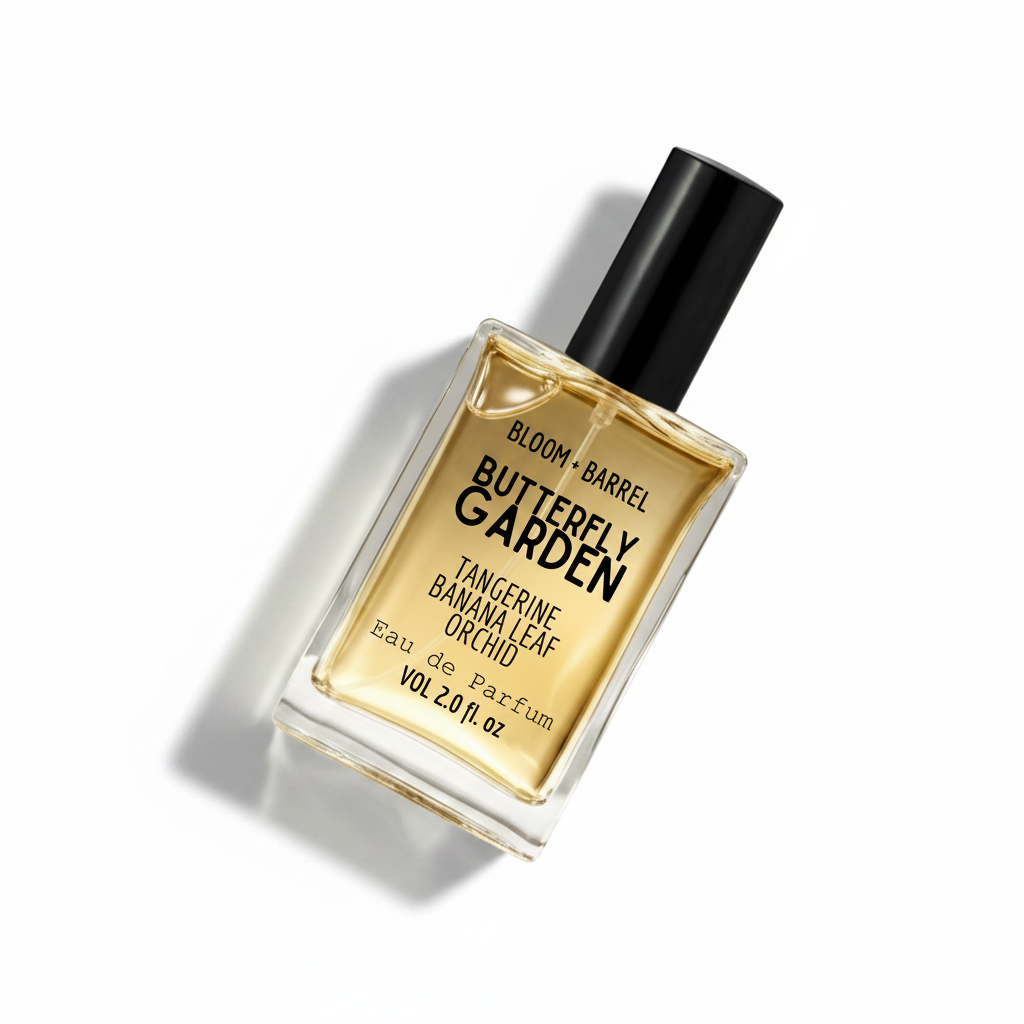 Bottle of Bloom + Barrel Marigold + Incense Eau de Parfum on a white background