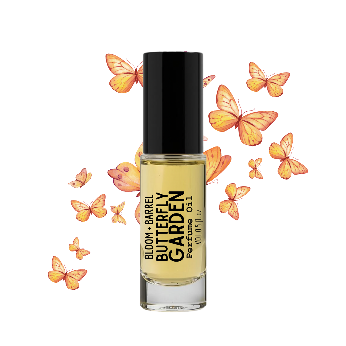 Perfume bottle labeled 'Butterfly Garden' with butterflies on a white background