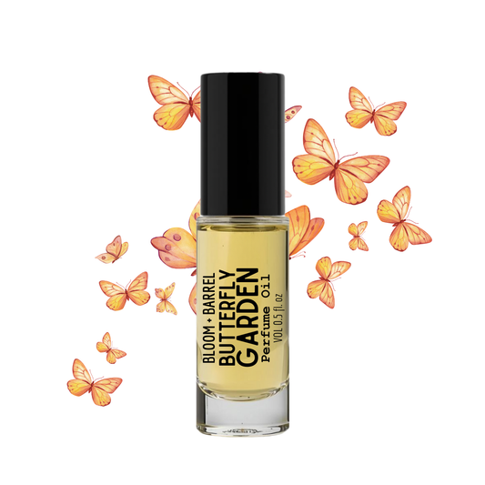 Perfume bottle labeled 'Butterfly Garden' with butterflies on a white background