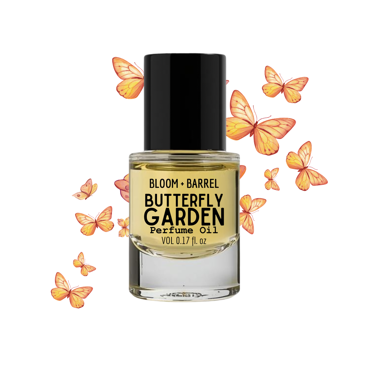 Butterfly Garden perfume oil bottle with decorative butterflies on a white background