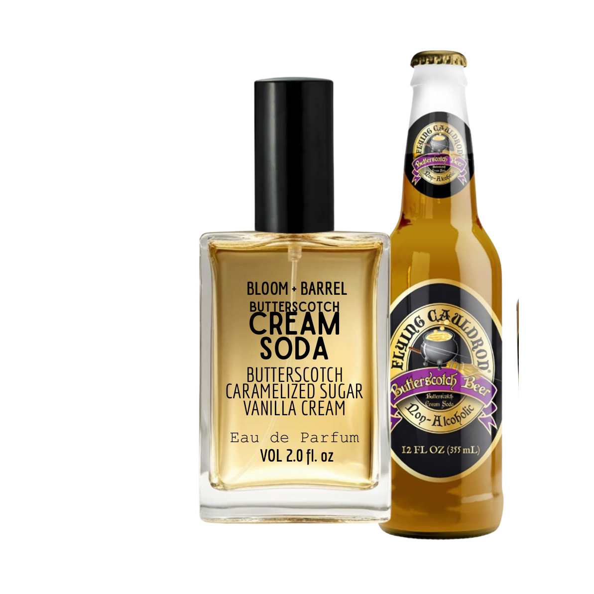 Bottle of Bloom & Barrel Butterscotch Cream Soda Eau de Parfum and a bottle of Butterscotch Caramelized Sugar Vanilla Cream beer on a white background.
