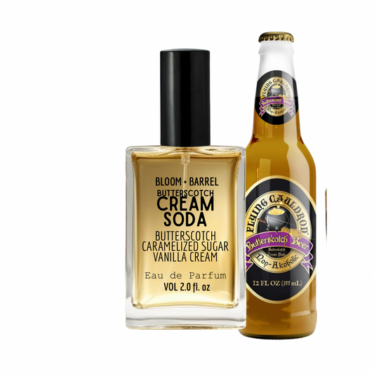 Bottle of Bloom & Barrel Butterscotch Cream Soda Eau de Parfum and a bottle of Butterscotch Caramelized Sugar Vanilla Cream beer on a white background.