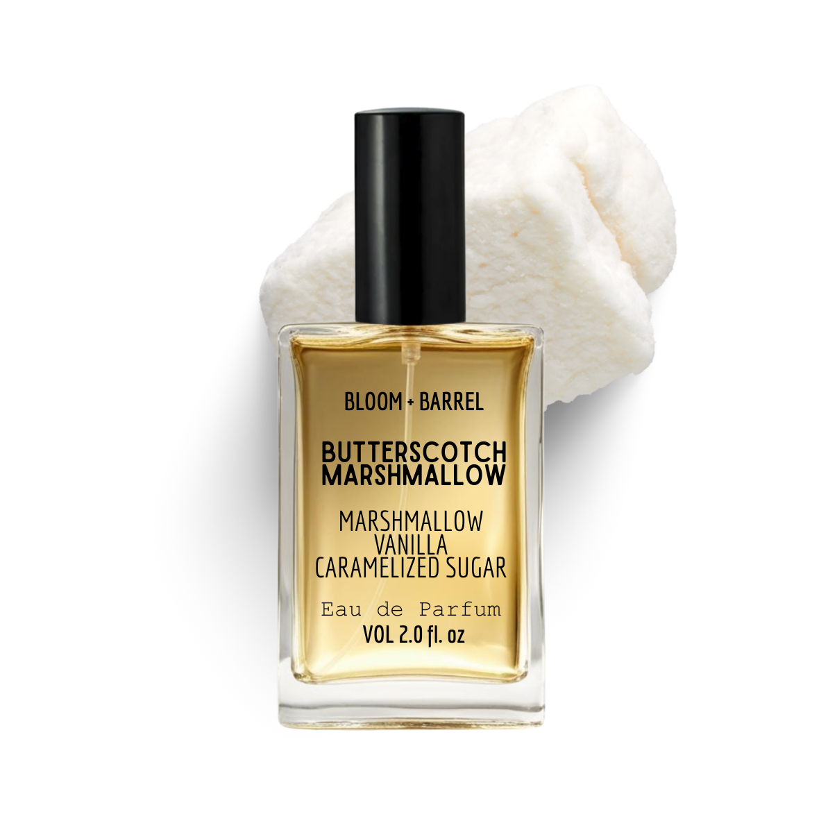 Bottle of Bloom & Barrel Butterscotch Marshmallow perfume with a black cap on a white background