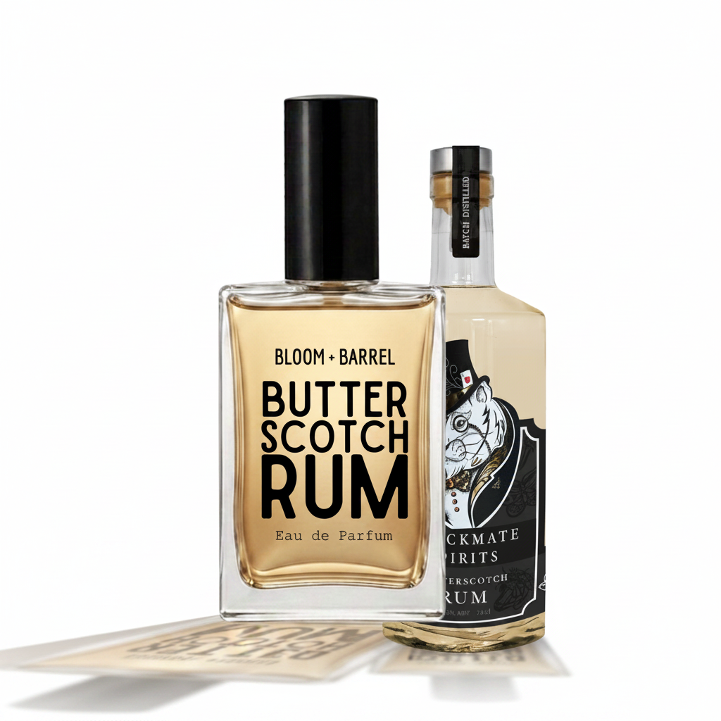Two bottles of rum perfume on a plain white background: a square clear bottle labeled 'BLOOM • BARREL Butter Scotch Rum' with a black cap, and a taller clear bottle labeled 'Blackmate Spirits Butter Scotch Rum' with a black-and-white illustrated label and silver cap.