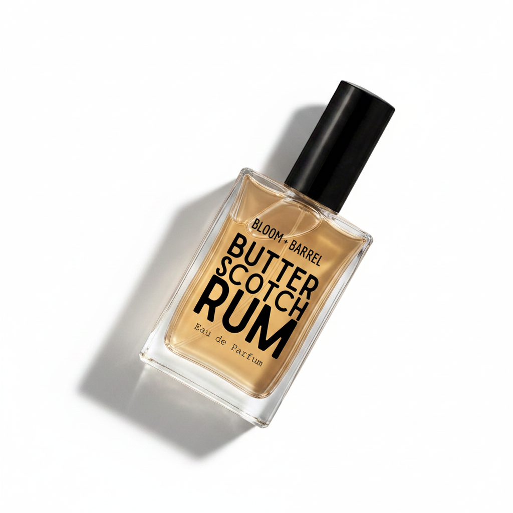 A rectangular glass bottle of Bloom Barrel Butter Scotch Rum Eau de Parfum with amber-colored liquid, a black cap, and bold black text on a white background.