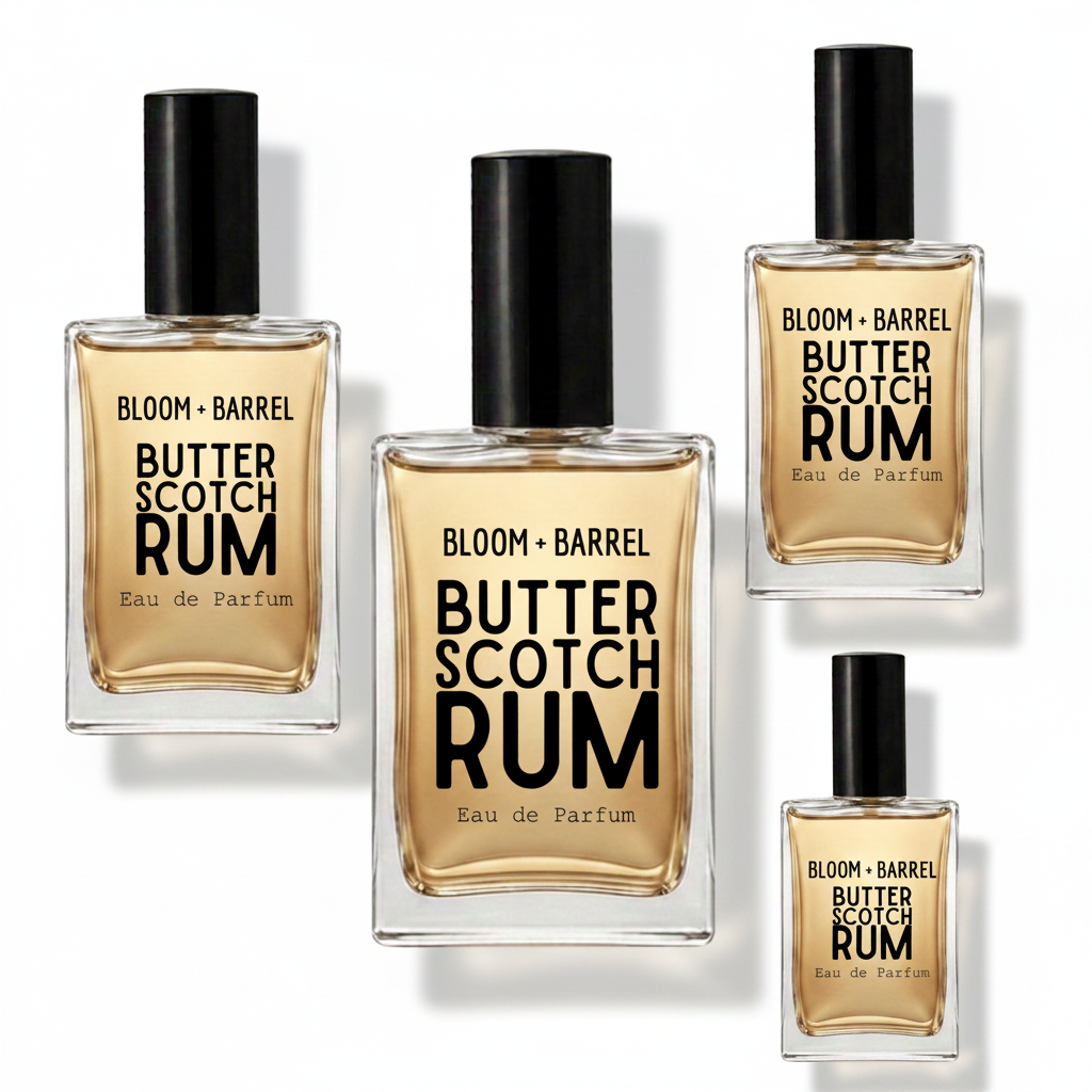 Four bottles of BLOOM + BARREL Butter Scotch Rum Eau de Parfum arranged on a plain white background, with varying bottle sizes but consistent amber liquid, clear glass, and black caps.